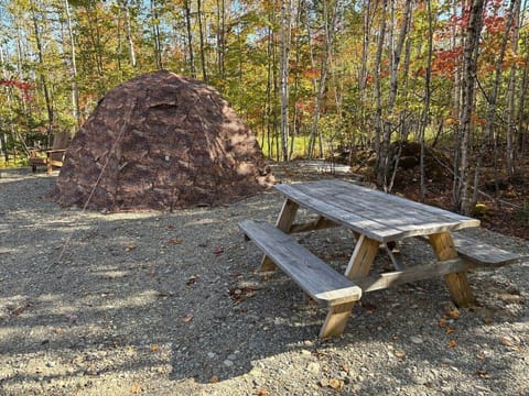 Russian Bear 5-person hot tent with wood stove, fire pit, and picnic table.