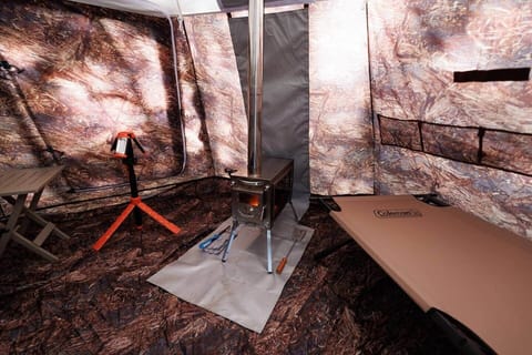 Wood stove, 2 cots, 2 camp chairs, LED Light