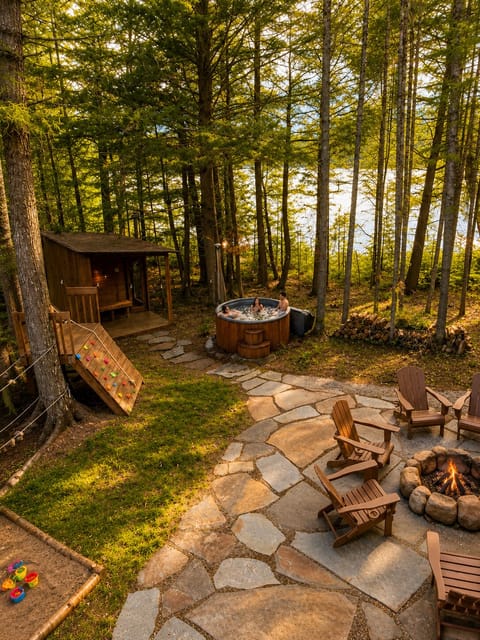 Fire pit, sauna, hot tub and the playground are all located close. See kids play