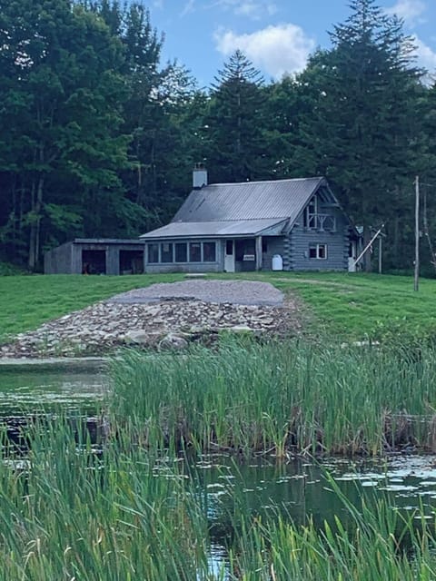 View of the cabin with the firepit & cascading stones down to the pond.