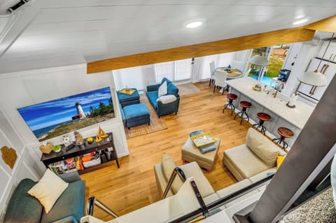 View from the loft, large open concept living and dining area