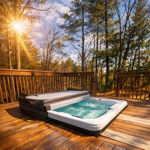 Relax in the private hot tub surrounded by peaceful mountain views