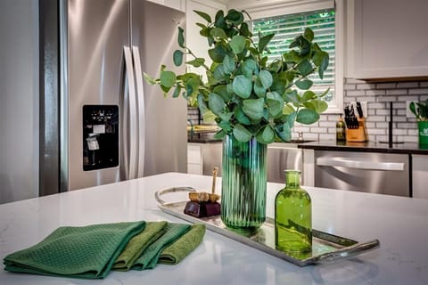 Modern kitchen, fresh style. Fully equipped with stainless steel appliances and beautiful finishes for a comfortable stay.