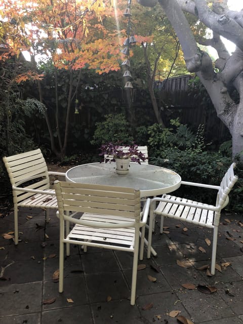 Table and chairs on patio, for eating in the garden