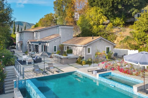 Aerial view of the home and surrounding neighborhood.