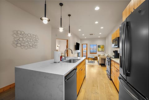 The kitchen features a large island.