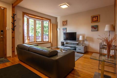 Bright and comfortable living room with sofa and flat-screen TV.