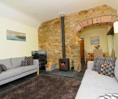 Wood burner, two sofas with cushions and TV on unit