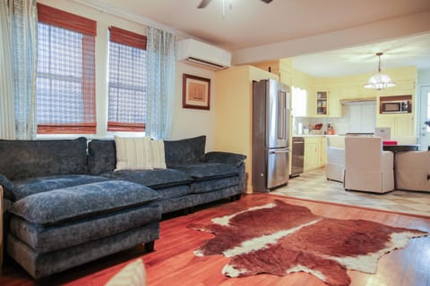 Living room with Smart TV and space for two twin-size rollaway beds