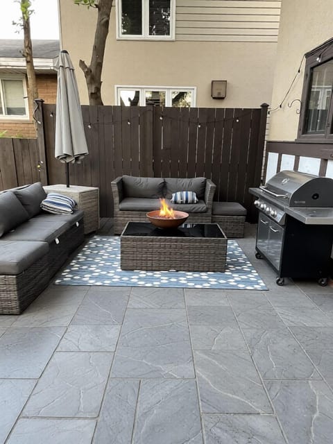 Patio furniture, grill, propane fire table
