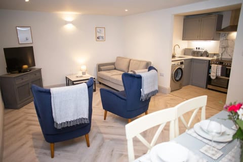 Living, dining and kitchen area, dining table, armchairs, view into fully fitted kitchen