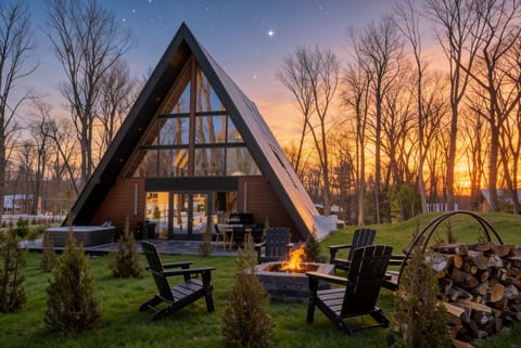 Cozy modern A-frame cabin nestled in the woods.