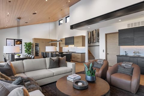 View from the living room towards the huge kitchen and bar area