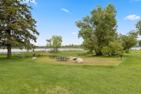 Open lawn with mature trees near the lake, perfect for outdoor activities.