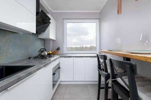 The kitchen's sleek design includes all necessary cookware and utensils.