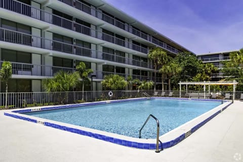 Pool deck surrounded by flowers and tall palm trees
