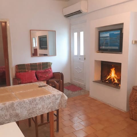 Bright living and dining area with comfortable seating and fireplace