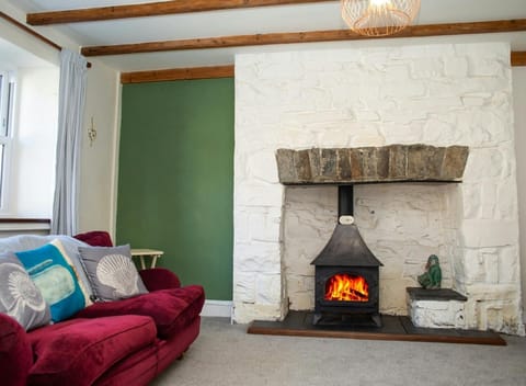 Living room with sofa and cushions, fireplace with log burner, beamed ceiling