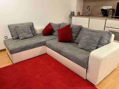 Salon bien agencé avec un canapé confortable et une télévision, offrant un espace convivial pour se détendre. Lm sud Conciergerie Montpellier