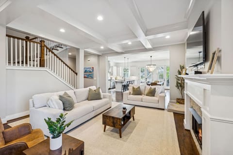 Spacious living room with lots of natural light and seating for your group. Smart TV with all the streaming apps and a fireplace for cozy nights in.