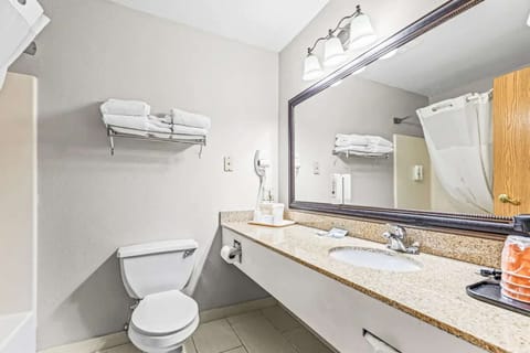 Clean bathroom with big mirror, counter space, and fresh towels