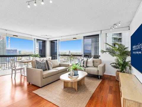 River and city views from the living area high above Surfers Paradise coastline.