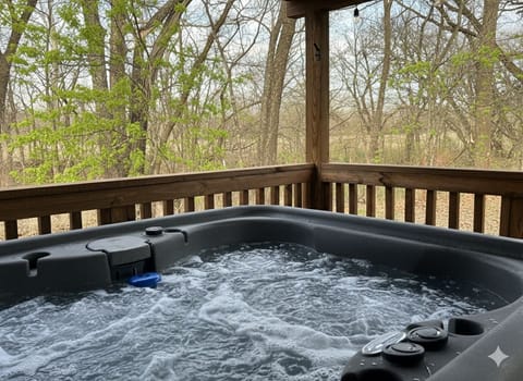 Relax and soak in the private hot tub with serene, wooded views.