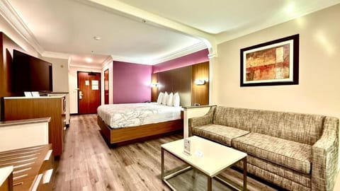 Unwind in a spacious king room with cozy lounge seating.