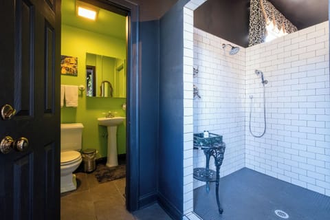Private bathroom with walk-in shower and bold, modern tilework.