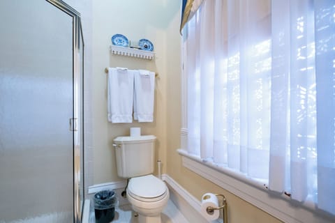 Private en-suite bathroom with walk-in shower, pedestal sink, and natural light.