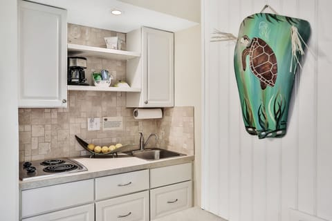 The kitchen has a two burner stove, sink, coffee maker, fridge, and microwave.