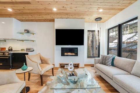 Living room with a gas fireplace. | Main Level