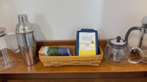 Complimentary coffee or tea! Cocktail shaker for evening beverages.