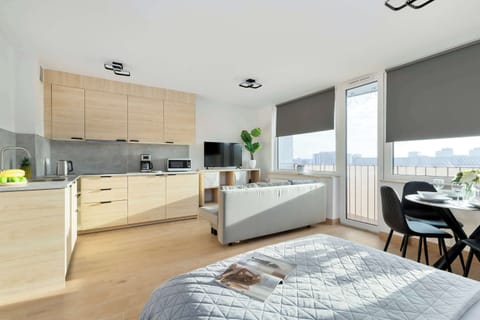 The sleek design of the kitchenette blending seamlessly with the living area.