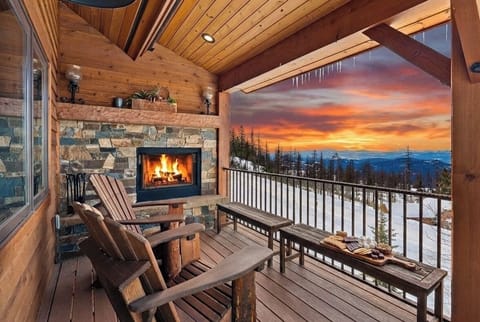 Roast marshmallows with a view on the outdoor wood burning fireplace.