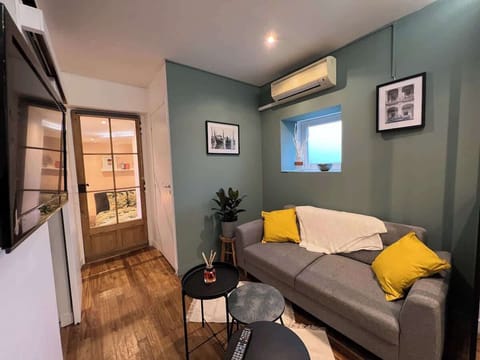 Salon du Câlin — canapé deux places, coussins jaunes, climatisation et mur vert d'eau dans l'appartement Belfort