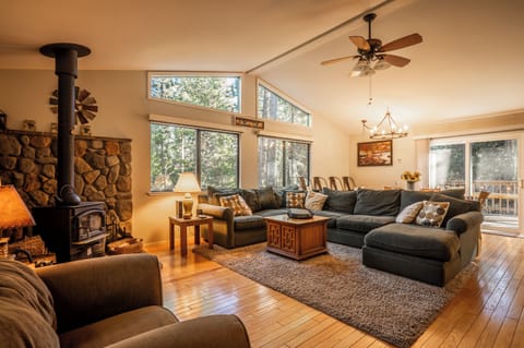 Warm and inviting living room with forest views and cozy seating