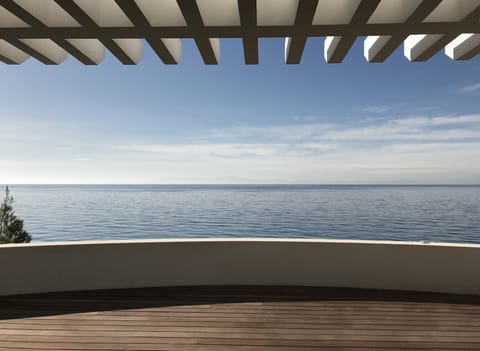 Main wooden deck terrace with curved edge and uninterrupted sea views