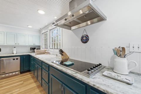 Modern chef kitchen with gas range and marble countertops