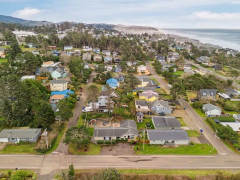 Charming coastal neighborhood with tree-lined streets leading to the ocean, nestled between rolling hills and sandy beaches.
