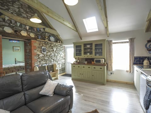Kitchen area, with cabinets, microwave, sink and cabinets, sofa