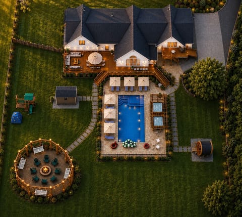 Outdoor 3D scan: Aerial view of backyard oasis, pool, hot tubs & fire pit.