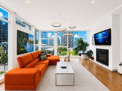 lounge with water view and fireplace