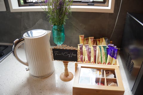 Free selection of teas and coffees, milk in the fridge and ice in the freezer.