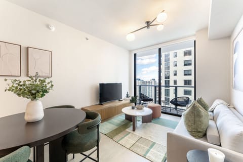 Bright living room with city views.