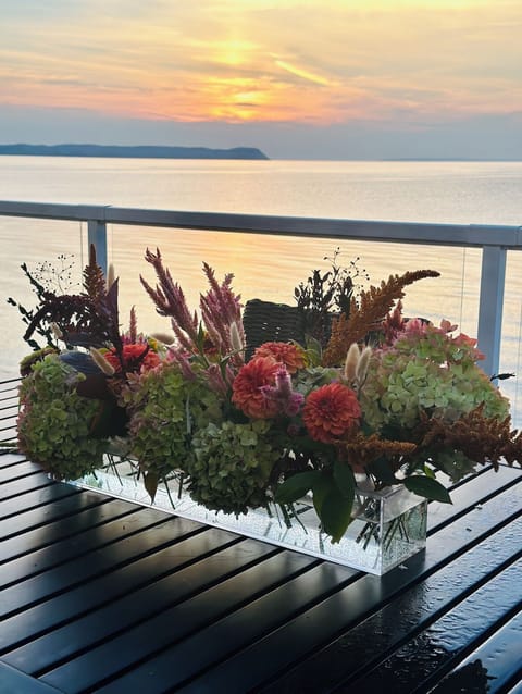 outdoor dining deck and fire rectangle feature overlooking Lake Michigan sunsets