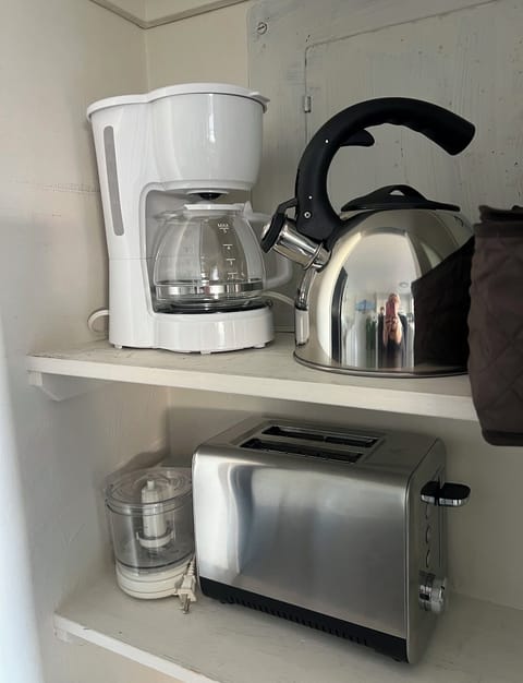 Tea kettle, 5 cup drip coffee machine, two slice toaster, mini chopper