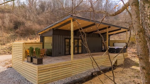 Stylish modern tiny home cabin with private hot tub, spa-like bathroom, and cozy interior — a perfect couples retreat in nature.