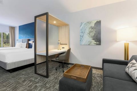 Put your feet up beside warm lighting and cozy seating.