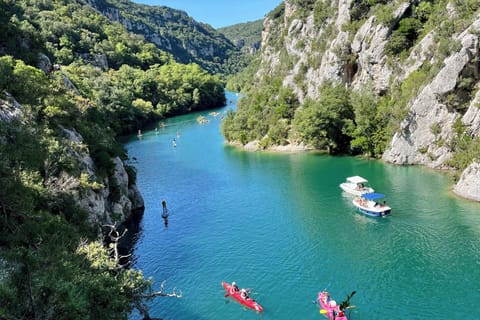 Paddleboarders and kayakers enjoy the crystal-clear waters of the Verdon River, surrounded by lush greenery and towering cliffs.